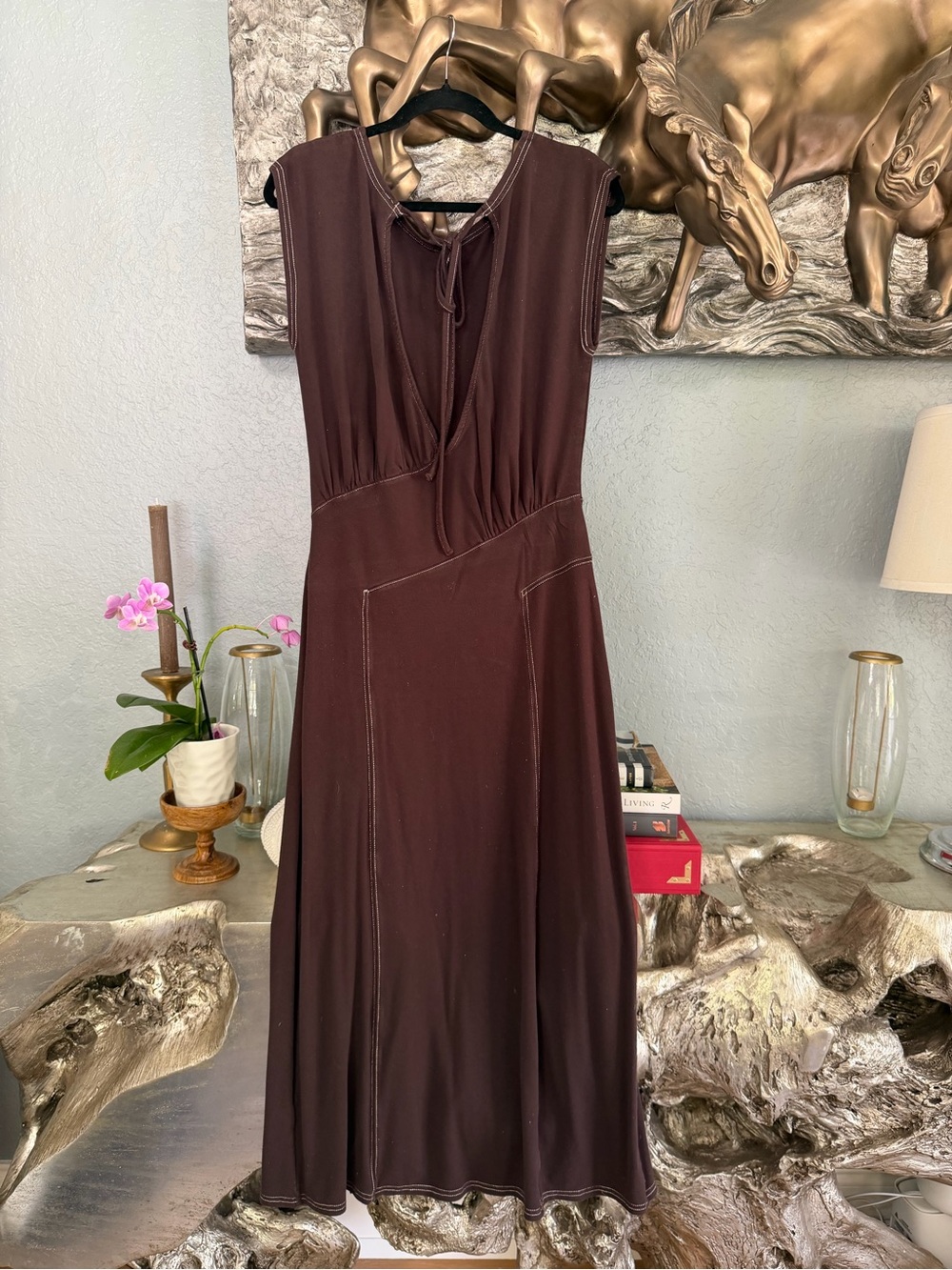 Free People Chocolate Brown Sleeveless Midi Dress with Tie Neck
